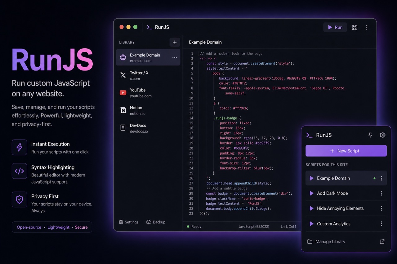 RunJS Console and popup interface mockup